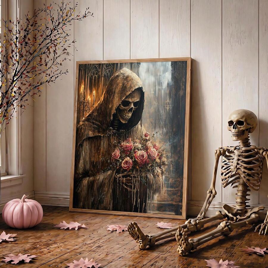 Framed grim reaper rose poster beside seated skeleton pink pumpkin and fall leaves