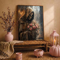 Gothic grim reaper pink rose wall art on rattan bench with soft pink autumn decor