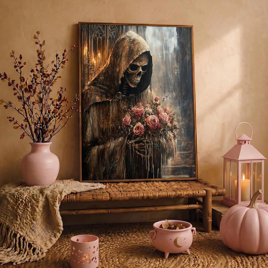 Gothic grim reaper pink rose wall art on rattan bench with soft pink autumn decor