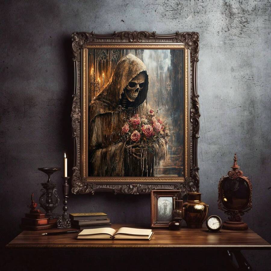 Grim reaper rose poster hangs above dark academia desk with books mirror and candle