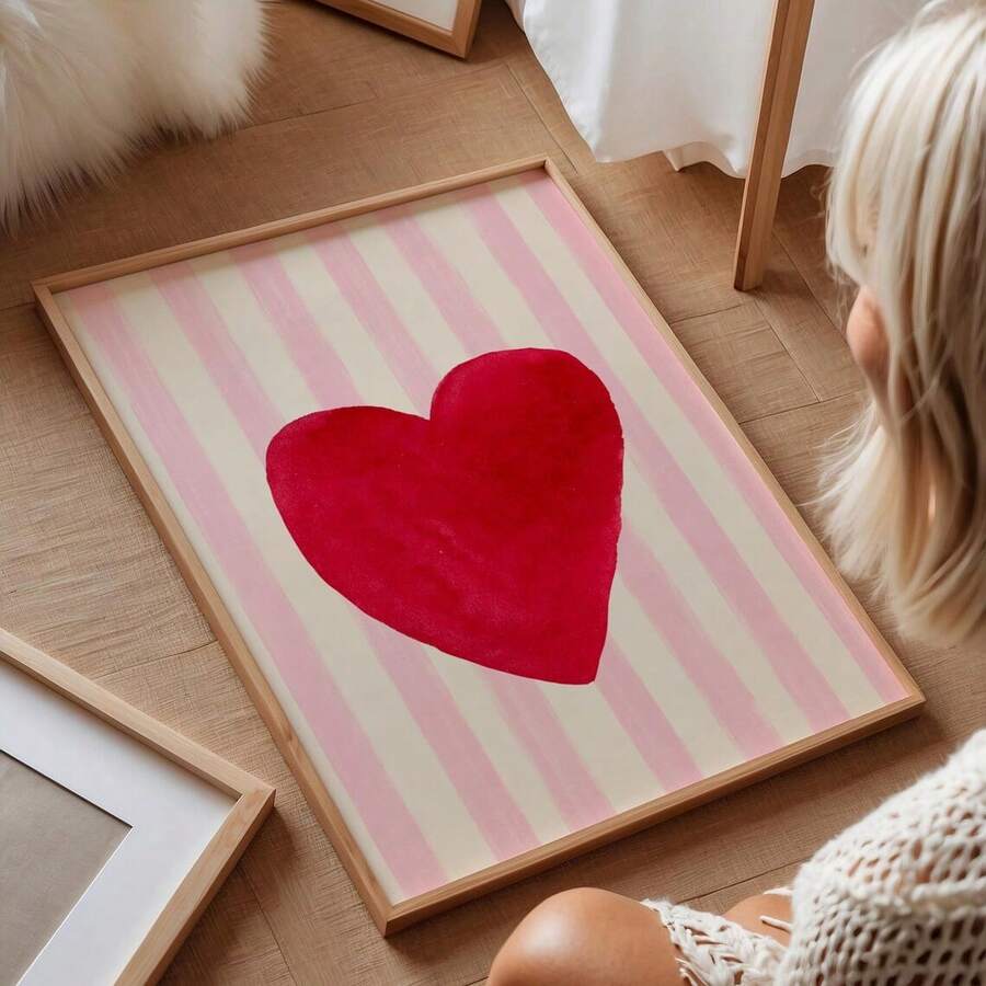 Modern Minimalist Red Heart & Pink Striped Fashion Canvas Poster