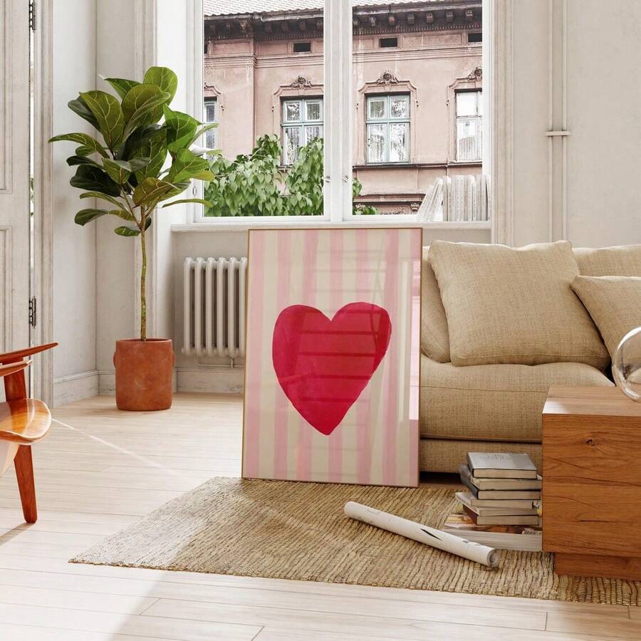 Modern Minimalist Red Heart & Pink Striped Fashion Canvas Poster