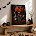 Long Live Halloween skeleton hand pumpkin poster on shelf with bats lantern and pumpkins