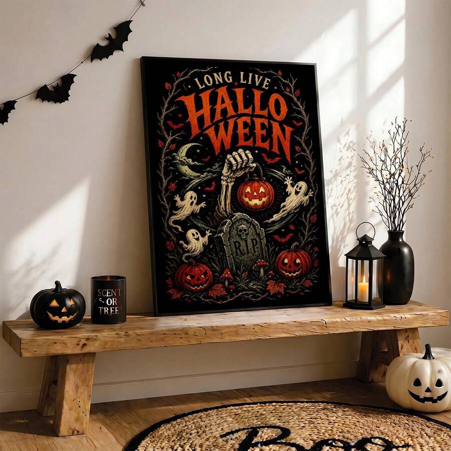 Long Live Halloween skeleton hand pumpkin poster on shelf with bats lantern and pumpkins