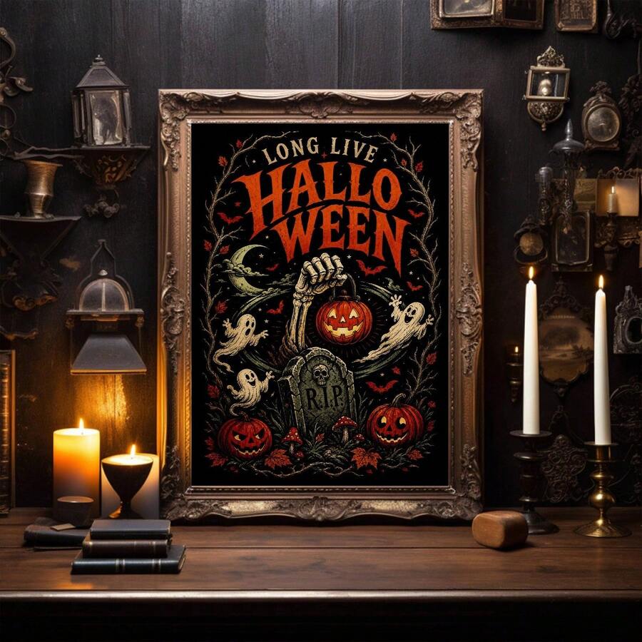 Long Live Halloween poster shows skeleton hand holding pumpkin over RIP gravestone with ghosts