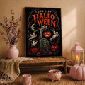 Halloween skeleton hand poster on rattan bench with pink pumpkins lantern and fall decor
