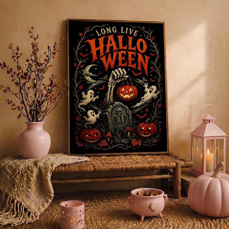 Halloween skeleton hand poster on rattan bench with pink pumpkins lantern and fall decor