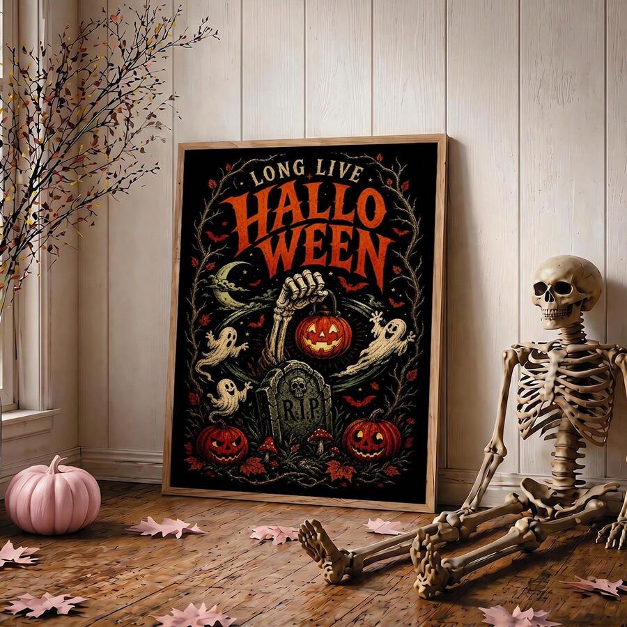 Framed cemetery Halloween poster beside seated skeleton pumpkins ghosts and bats
