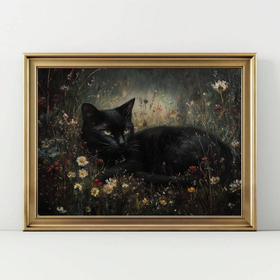 Gold framed black cat wildflower meadow poster on white background with moody dark floral painting style