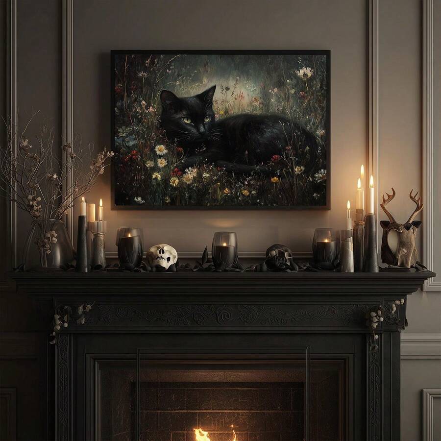 Moody mantel decor with black cat wildflower meadow poster above fireplace surrounded by candles skulls and gothic objects