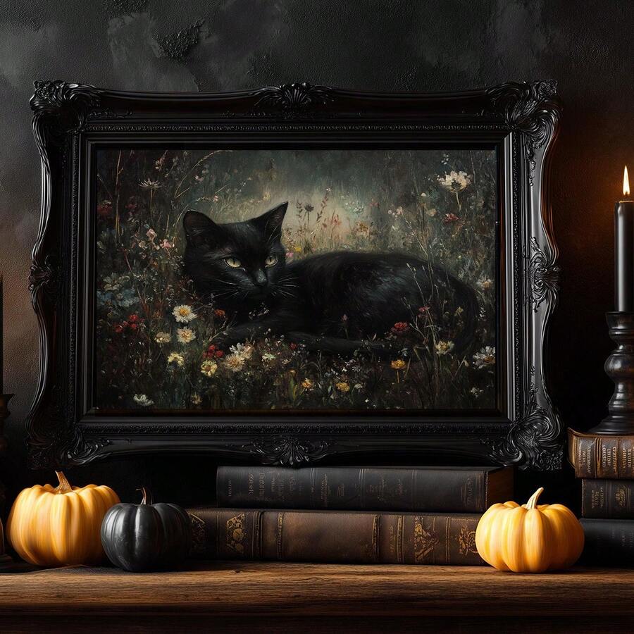 Black framed gothic painting of black cat resting among wildflowers with pumpkins old books and candlelight