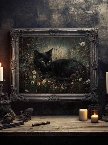 Ornate framed dark pastoral poster of black cat lying in wildflower meadow with candles and gothic tabletop decor