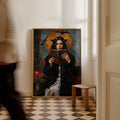 Victorian-inspired witchy canvas portrait in light wood-tone frame above checkerboard floor
