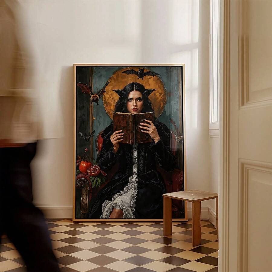 Victorian-inspired witchy canvas portrait in light wood-tone frame above checkerboard floor