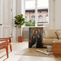 Dark academia woman-reading portrait in slim frame beside beige sofa, books and sunlit window