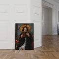 Unframed vertical Persephone witchy artwork leaning against white paneled wall in bright parquet hallway