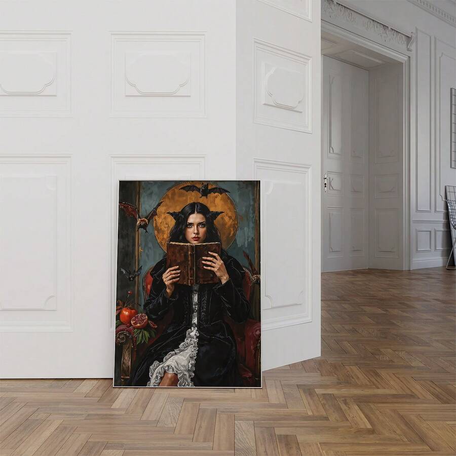 Unframed vertical Persephone witchy artwork leaning against white paneled wall in bright parquet hallway