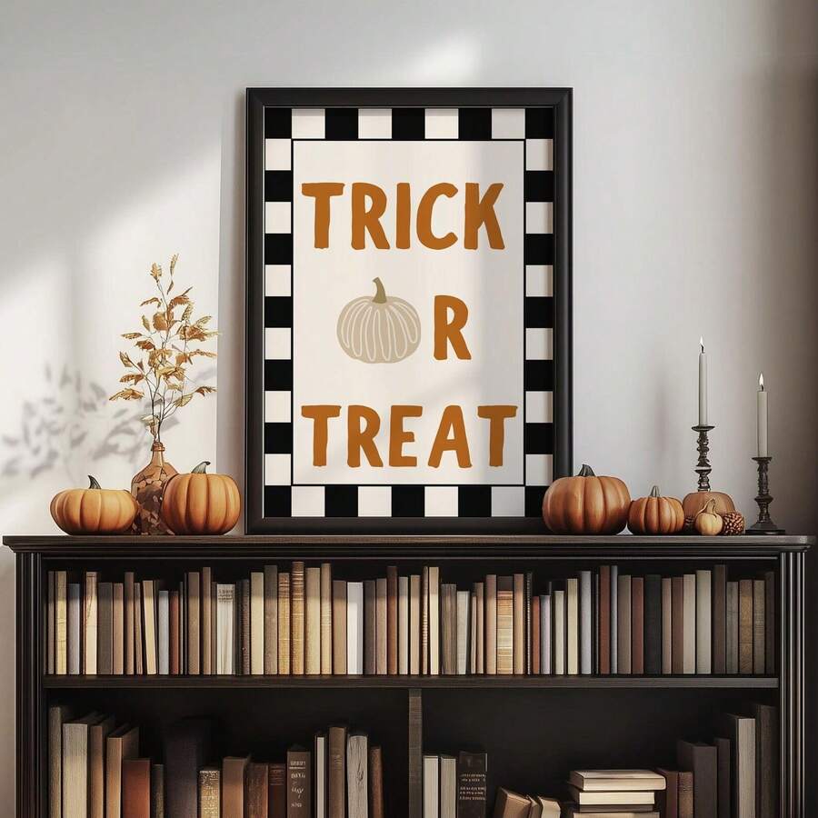 Black framed Trick Or Treat Halloween poster on bookshelf mantel with pumpkins candles dried flowers and checker border