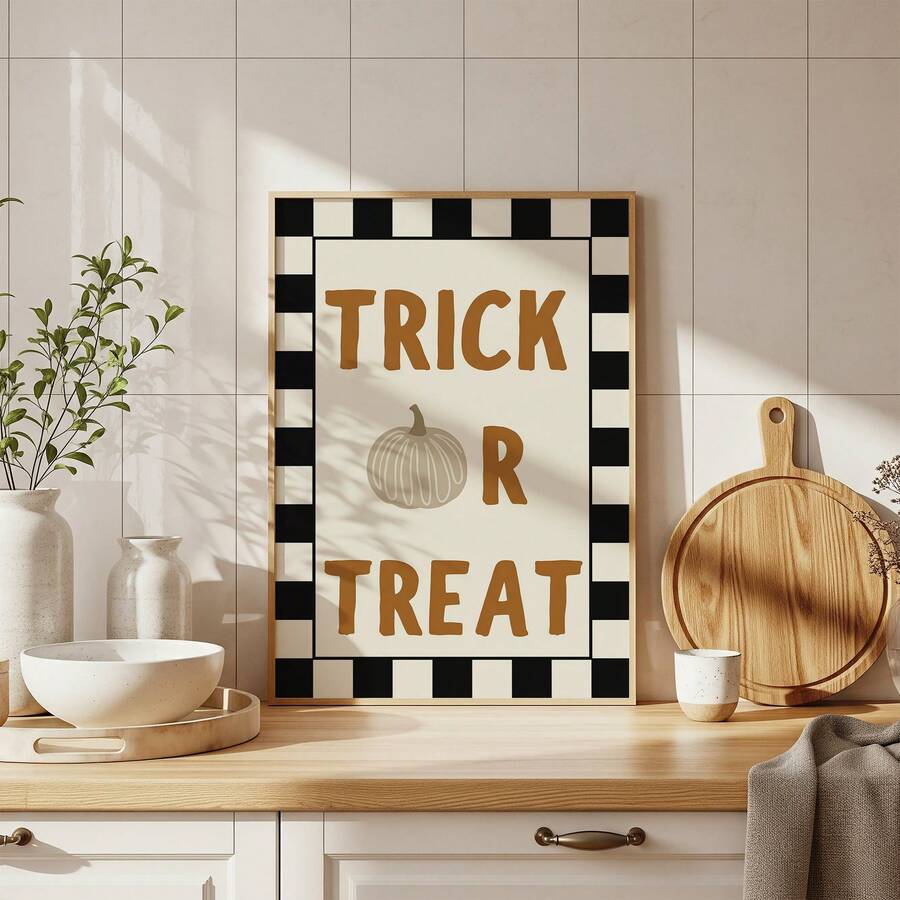 Trick Or Treat plaid Halloween poster on kitchen counter with wood frame tile backsplash bowls vase and cutting board