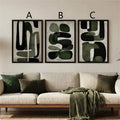 A B C labeled olive abstract wall art designs above a cream sofa
