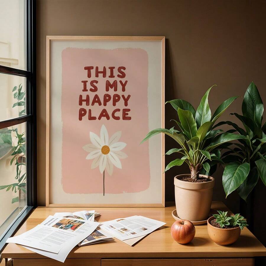 Daisy quote poster leaning by window plant