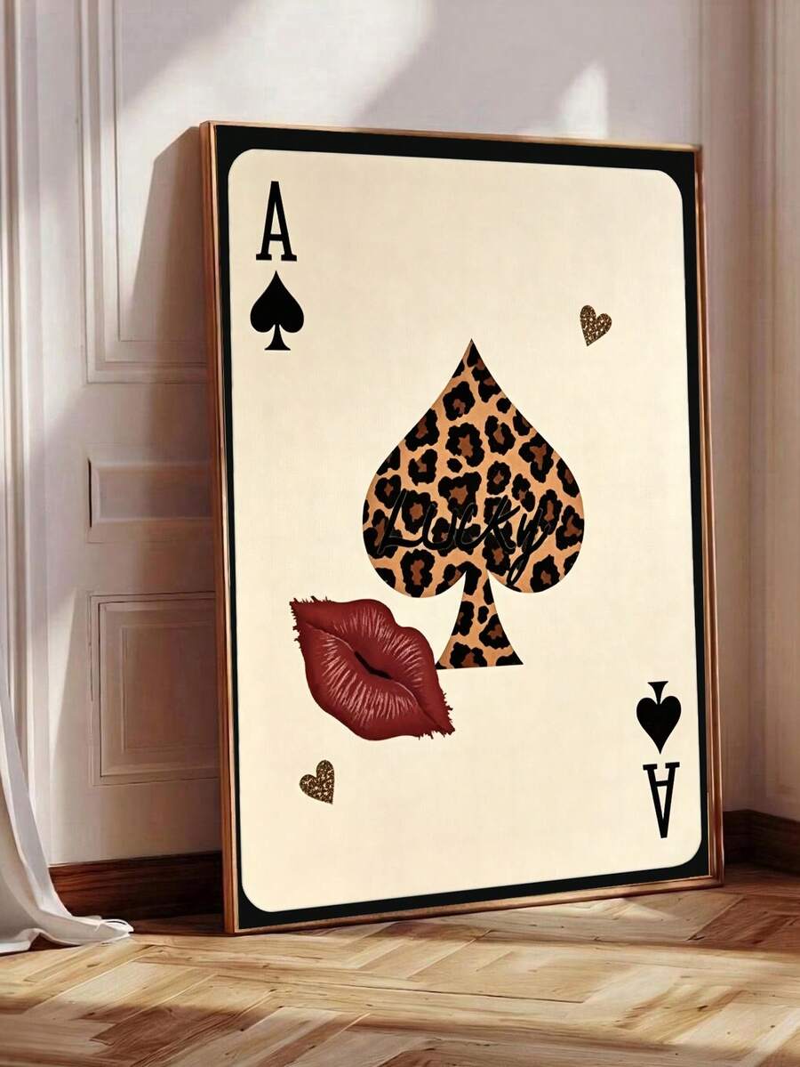Ace of spades poster variant with leopard print spade red lips lucky text gold hearts and black card border