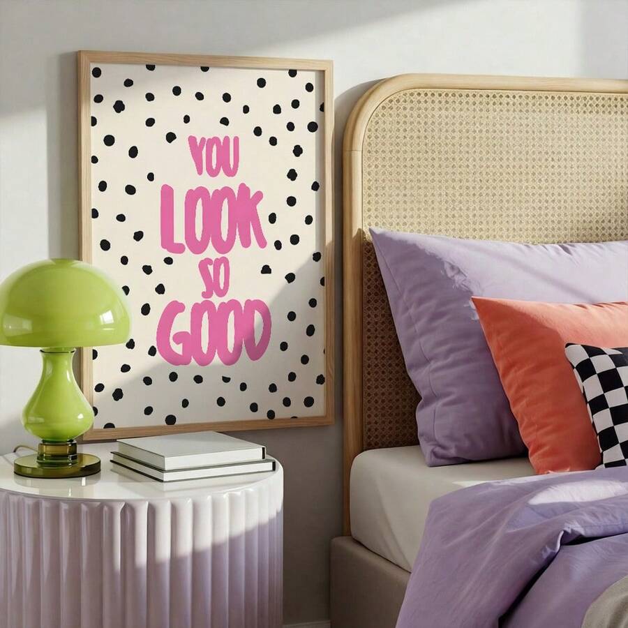 Framed motivational typography print in a warm bedroom
