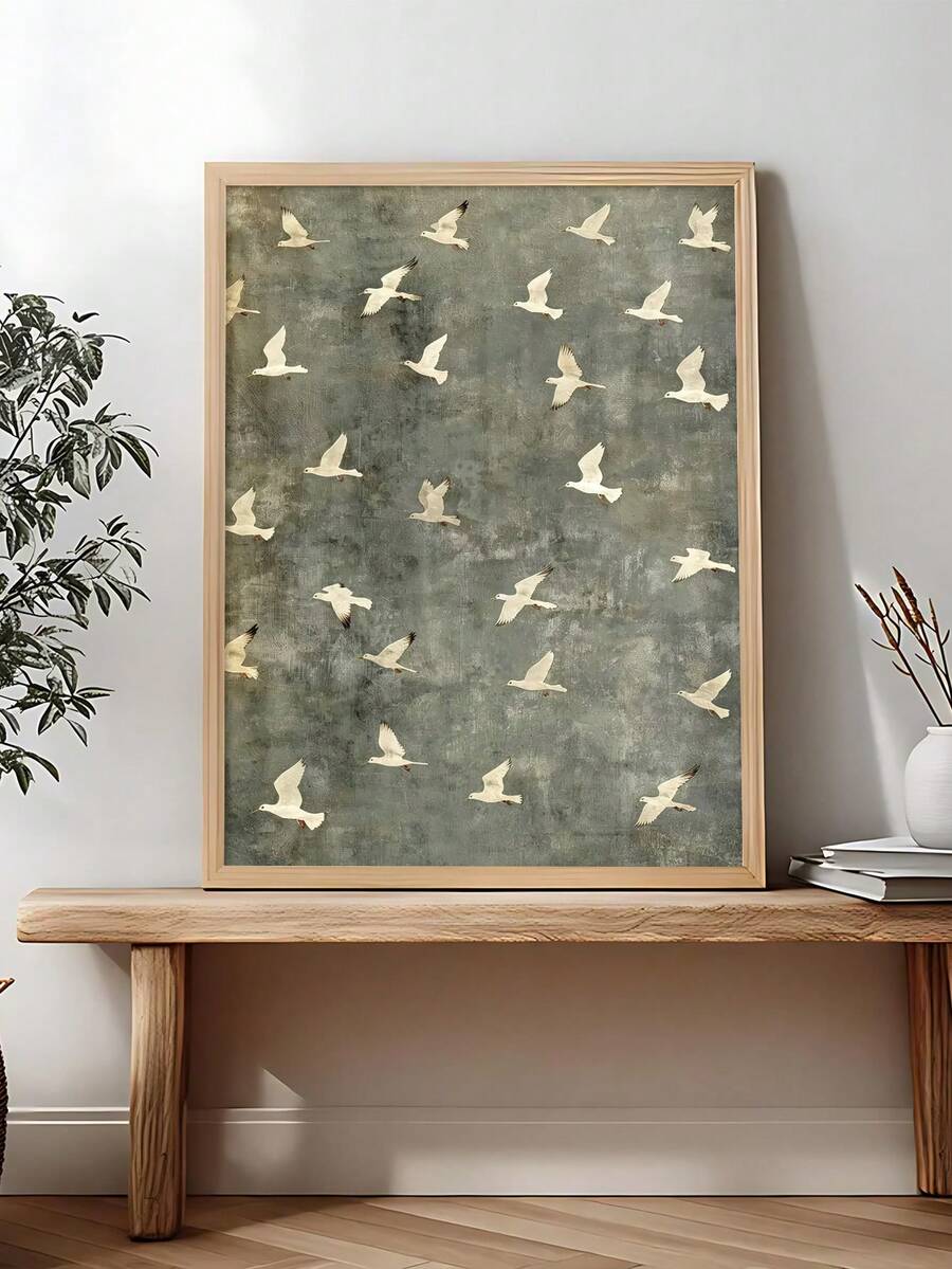 White seabird flock on textured blue gray canvas above a console