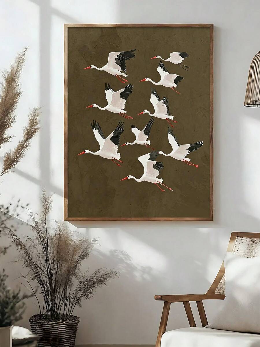 White storks flying across an olive brown background in a bright room