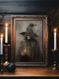 Gothic witch poster with elder witch black hat and candle glow