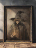 Dark witch holding a glowing flame in smoky portrait poster