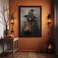Witch canvas poster displayed with pumpkins on orange wall