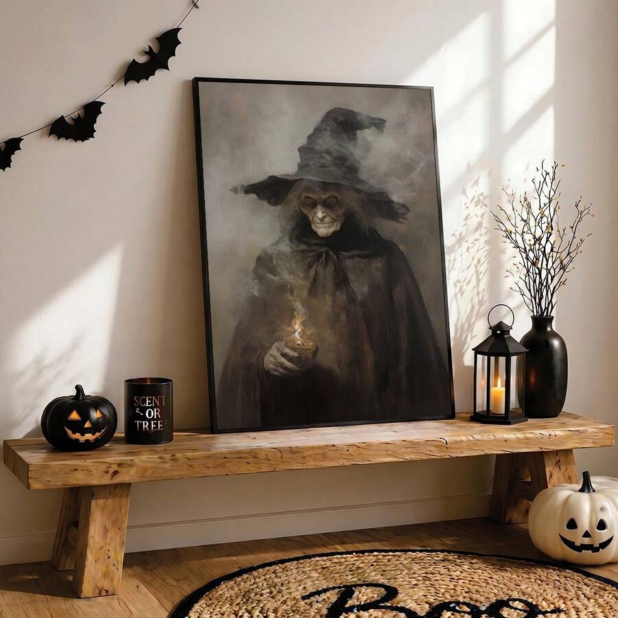 Old witch holding glowing flame on burnt orange wall