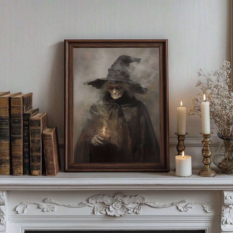 Dark academia witch artwork styled on vintage mantel