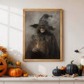 Gold framed gothic witch portrait in Halloween room setting