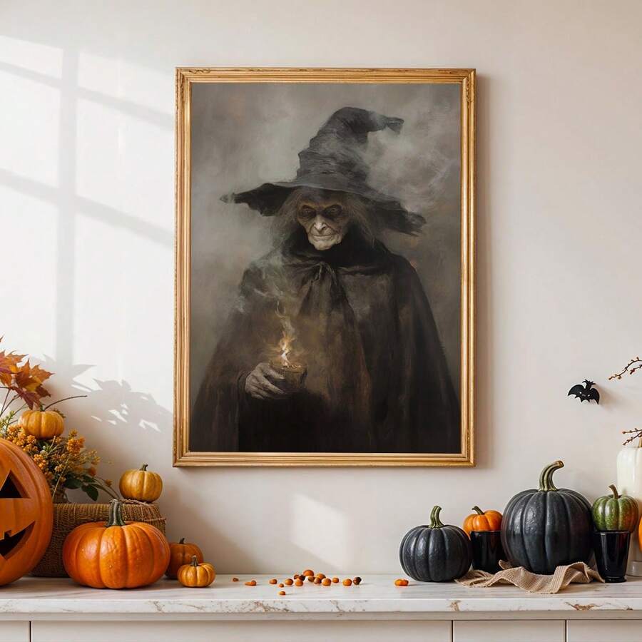 Gold framed gothic witch portrait in Halloween room setting