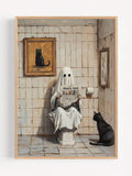 Wood framed ghost bathroom poster with black cat cat portrait toilet paper roll and Ghostly News newspaper