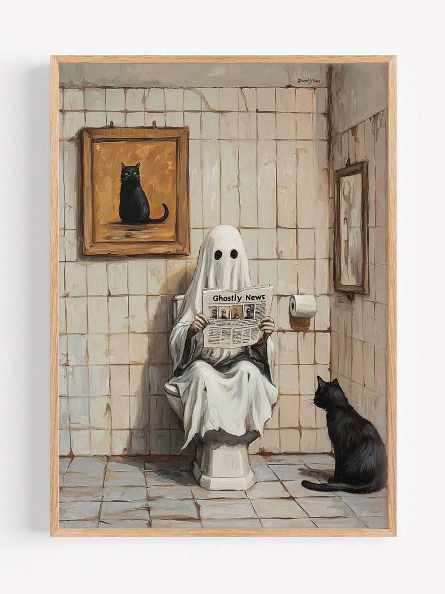 Wood framed ghost bathroom poster with black cat cat portrait toilet paper roll and Ghostly News newspaper