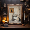 Ornate framed Halloween print showing ghost reading newspaper on toilet with black cat in vintage tiled bathroom