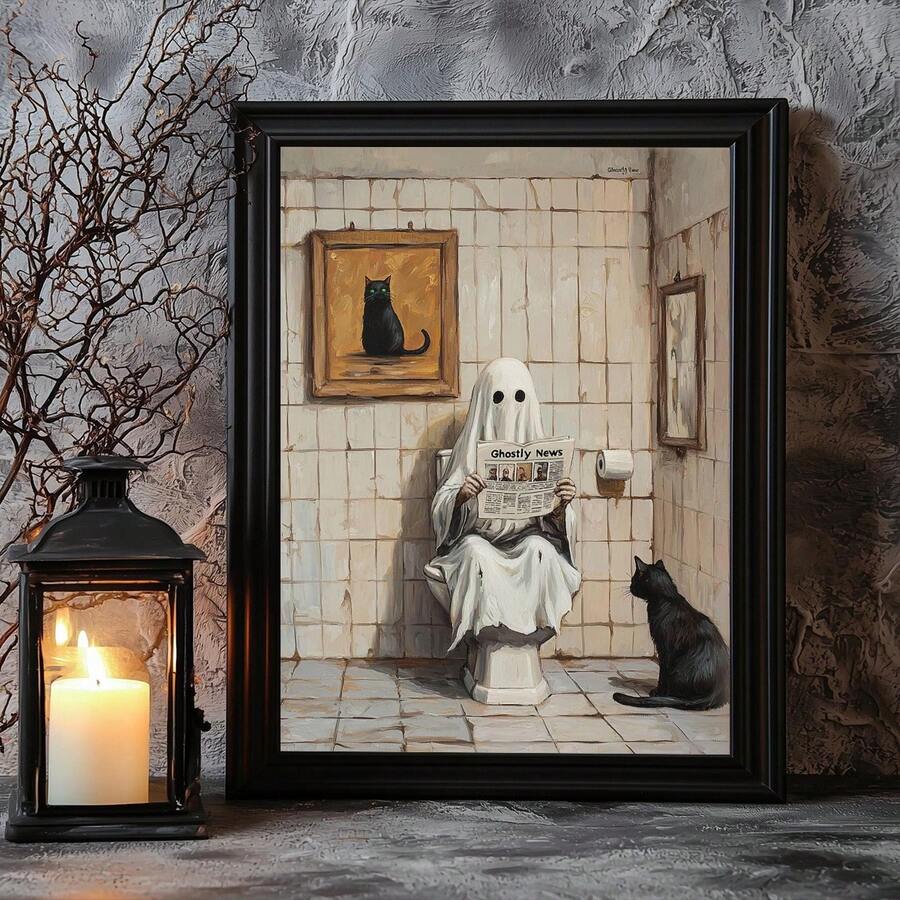 Black framed gothic poster of ghost on toilet reading newspaper with black cat candle lantern and textured gray wall