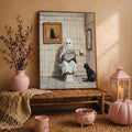 Cozy gothic decor with framed ghost newspaper bathroom poster black cat pink pumpkins lantern and autumn styling