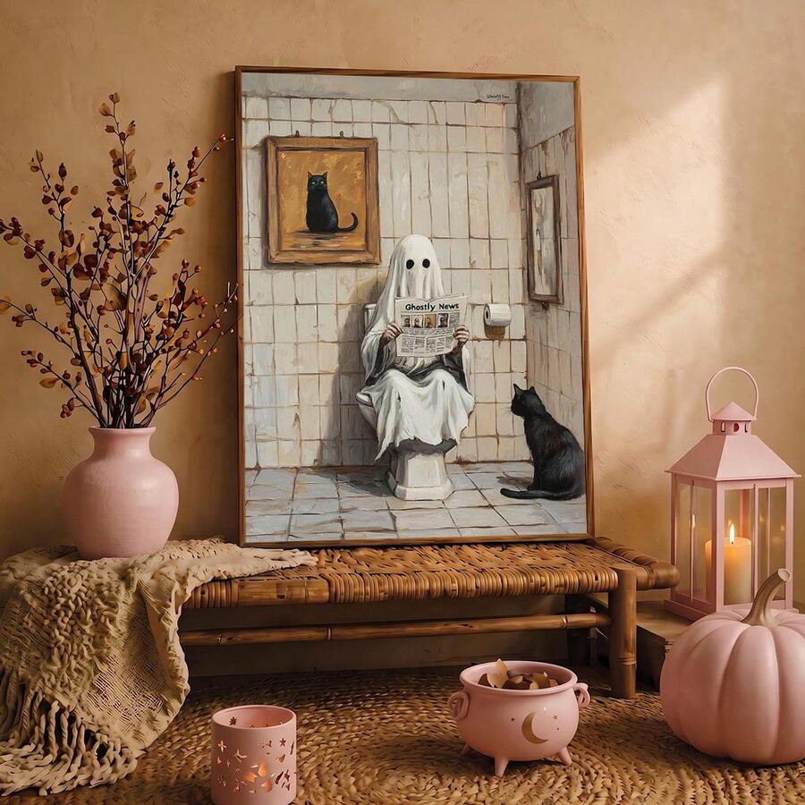 Cozy gothic decor with framed ghost newspaper bathroom poster black cat pink pumpkins lantern and autumn styling