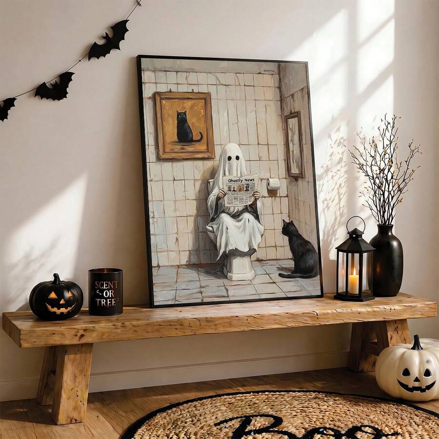 Halloween wall art of ghost reading newspaper on toilet black cat nearby bat garland and pumpkins around bench