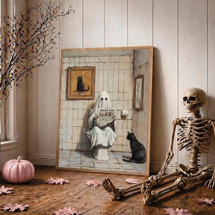 Ghost reading Ghostly News poster displayed beside skeleton Halloween decor black cat tiled bathroom and pink pumpkin