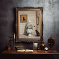 Dark academia desk decor with ornate framed ghost bathroom print black cat candles books mirror and vintage objects
