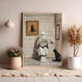Light wood framed ghost reading newspaper poster with black cat tiled bathroom scene plants and neutral room decor