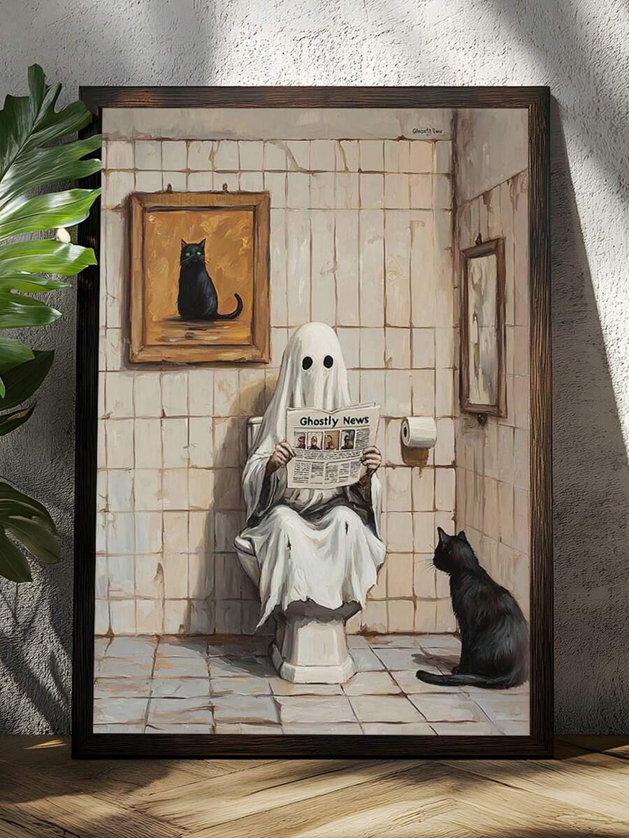 Gothic poster of sheet ghost sitting on toilet reading Ghostly News while black cat watches in old tiled bathroom