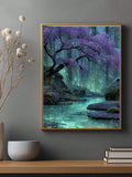 Gold framed magical forest stream artwork above a modern console