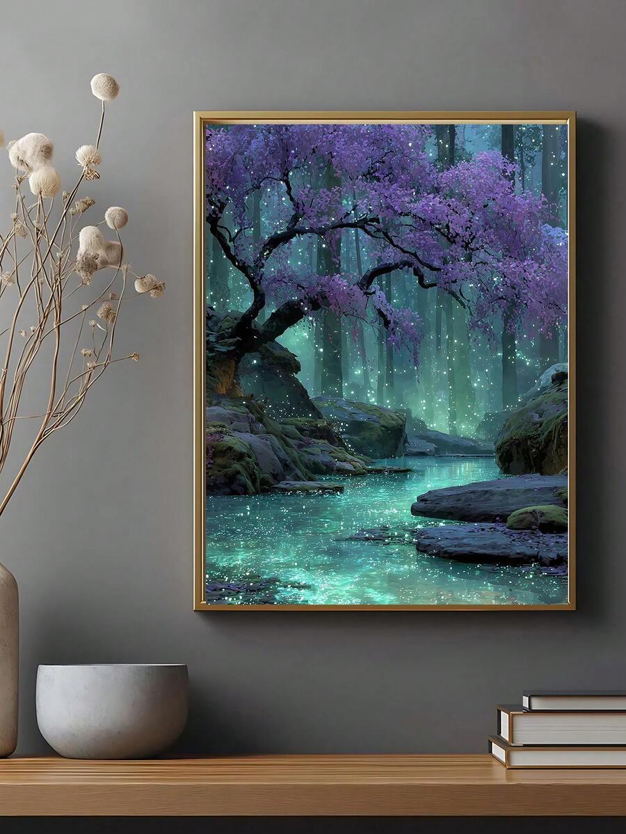 Gold framed magical forest stream artwork above a modern console