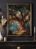Lantern-lit enchanted tree canvas art displayed above a mantel